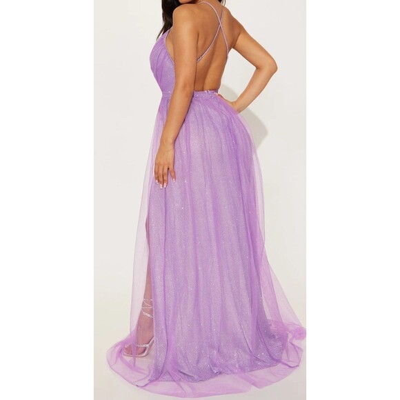 Fashion Nova Lavender Glitter Maxi Dress Sz L – Deep V,High Slit Formal Gown NEW - Picture 2 of 3